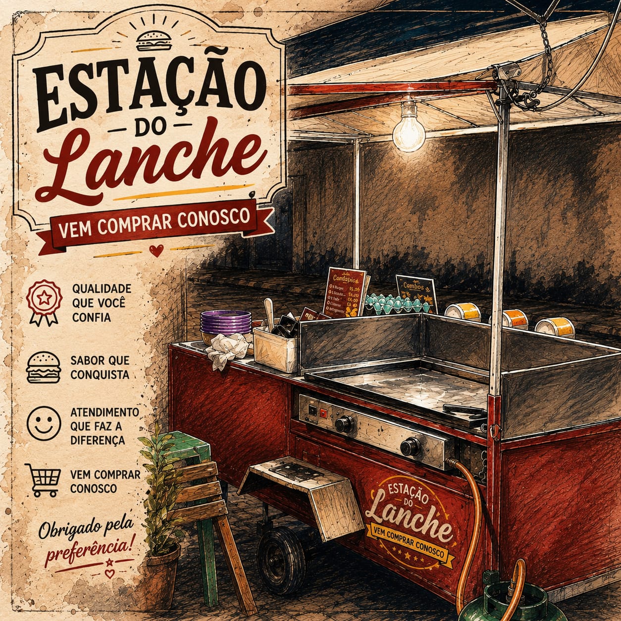 Cliente feliz 1 width='400' height='300' viewBox='0 0 400 300'%3E%3Crect width='400' height='300' fill='%23d9282f'/%3E%3Ctext x='50%25' y='45%25' font-size='60' text-anchor='middle' font-family='Arial' fill='%23f7c35c'%3E😋%3C/text%3E%3Ctext x='50%25' y='70%25' font-size='24' text-anchor='middle' font-family='Arial' fill='%23fff' font-weight='bold'%3ECliente feliz!%3C/text%3E%3Ctext x='50%25' y='88%25' font-size='16' text-anchor='middle' font-family='Arial' fill='%23f7c35c'%3E%23EstaçãoDoLanche%3C/text%3E%3C/svg%3E